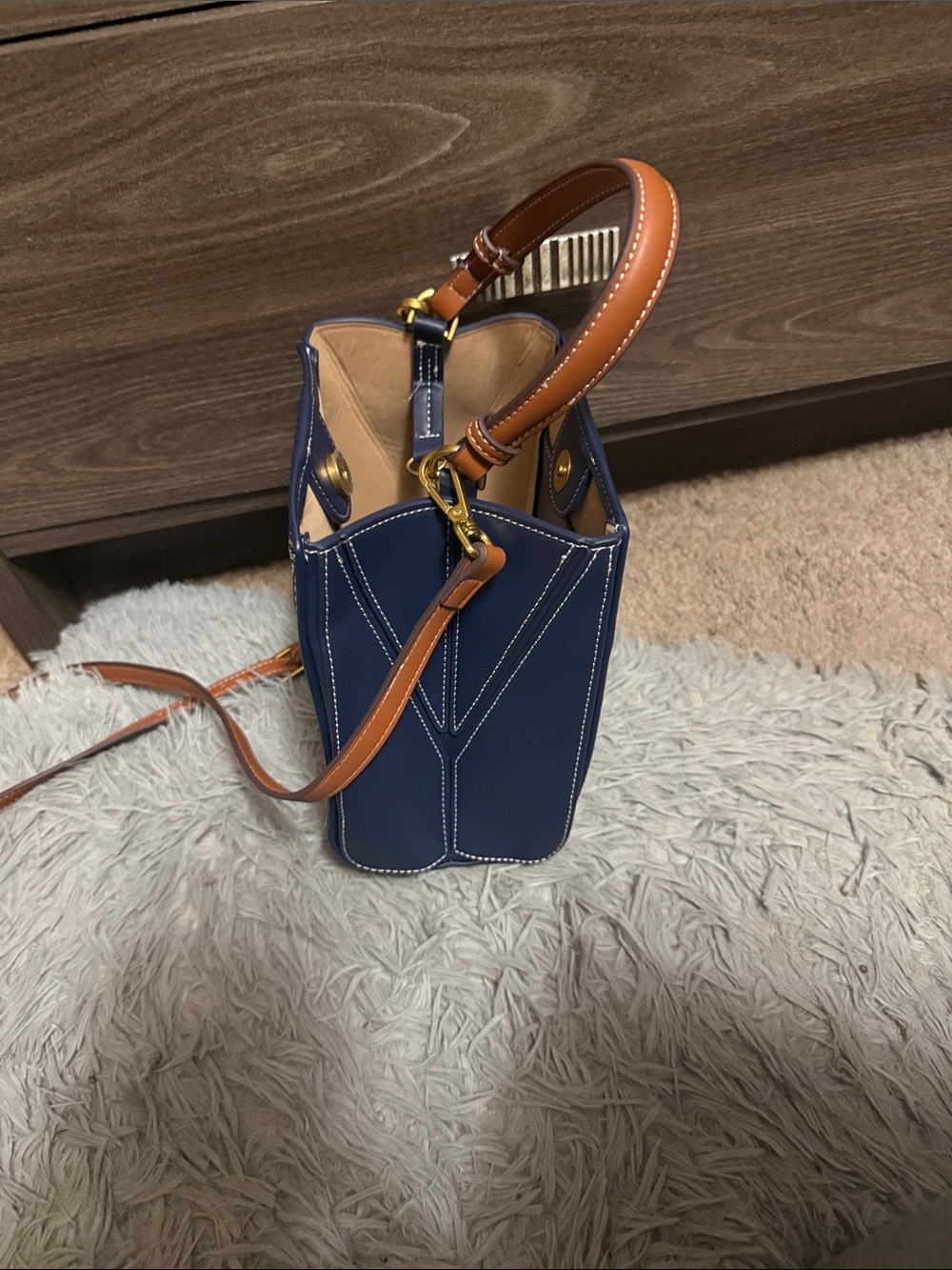 Tory Burch Navy and Tan Canvas Crossbody Tote - Picture 2 of 5